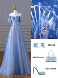 A Line Spaghetti Straps Long Party Dress Blue Prom Dresses SD2449 HZ0628