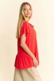 & Dani Solid Lace Trim Neck Short Sleeve Peplum Top DJPT