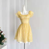 A line Scoop Short Sleeves Yellow Floral Holiday Dresses Beach Dress Birthday Outfits SD288