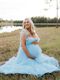 Solid Color Tulle Spaghetti Strap Backless Ruffle Lace-up Grenadine Photoshoot Gown Baby Shower Maternity Maxi Dress Maternity