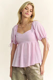 & Dani Solid Elastic Peplum Puffed Sleeves Blouse DJPT