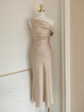 Sheath Boat Sleeveless Champagne Satin Party Dress Holiday Dresses SD349