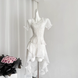 High Low Square Neckline White Lace Ruffles Dress Beach Holiday Dresses SD286