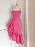 Sheath Spaghetti Straps Hot Pink Satin Dinner Party Dresses Birthday Outfits SD394