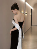 Sheath Strapless Black Satin Long Evening Gowns Prom Dresses SD1836