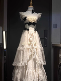 Ball Gown Square Neckline Floral Ivory Lace Party Dresses Birthday Outfits With Black Bowknots SD450