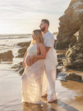 Beige 2 Piece Smocked Ruffle Backless Flowy Elegant Vacation Beach Photoshoot Maternity Maxi Dress Maternity