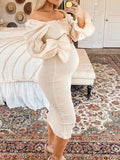 Ruffle Off Shoulder Long Sleeve Bodycon Baby Shower Maternity Midi Dress Maternity