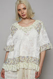 Floral Print Eyelet Ruffled Hem Blouse DJPT