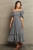 Floral Lace-Up Off-Shoulder Midi Dress DJPT