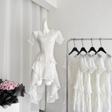 High Low Square Neckline White Lace Ruffles Dress Beach Holiday Dresses SD286