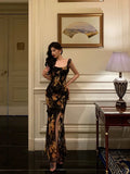 Sheath Straps Floral Chiffon Slit Long Prom Dresses Birthday Outfits SD408