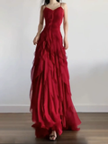 Sheath Spaghetti Straps Burgundy Chiffon Long Ruffles Party Dresses Birthday Dress SD580