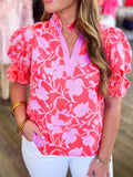 Split V Neck Ruffled Short Sleeve Blouse Top DJPT