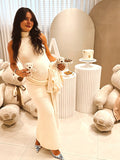 Beige Ruched Wrap Draped High Neck Sleeveless Bodycon Chic Going Out Maternity Photoshoot Baby Shower Maxi Dress Maternity
