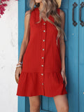 Button-Front Ruffle Hem Dress DJPT