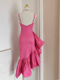 Sheath Spaghetti Straps Hot Pink Satin Dinner Party Dresses Birthday Outfits SD394