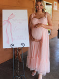 Light Pink Polka Dot Bow Ruffle Falbala Tie-Shoulder A-line Tulle Princess Dress Maxi Dress Maternity