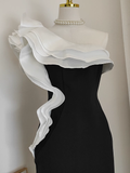 Sheath One Shoulder Satin Dinner Party Dresses Black Birthday Outfits SD382