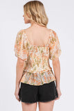 Floral Chiffon Smocked Square Neck Peplum Top DJPT