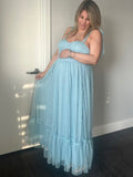 Solid Color Tulle Spaghetti Strap Backless Ruffle Lace-up Grenadine Photoshoot Gown Baby Shower Maternity Maxi Dress Maternity