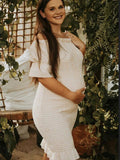 Ruffle Off Shoulder Long Sleeve Bodycon Baby Shower Maternity Midi Dress Maternity