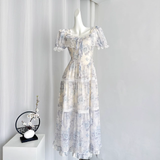 A line Strapless Short Sleeves Blue Floral Dress Long Holiday Dresses SD316