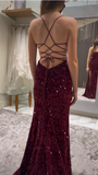 Mermaid Spaghetti Straps Burgundy Sequin Prom Dresses Party Dress SD1316 HZ0628
