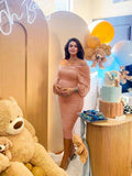 Mesh Ruched Off Shoulder Lantern Sleeve Square Neck Bodycon Elegant Party Maternity Photoshoot Baby Shower Midi Dress Maternity