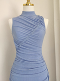 Sheath High Neckline Blue Ruffles Vacation Dresses Short Birthday Outfits SD346