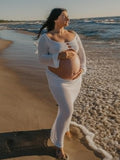 White 2 Piece Crochet Mesh Backless Flare Sleeve Bodycon Vacation Beach Photoshoot Baby Shower Maternity Maxi Dress Maternity