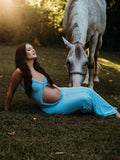 Blue Ruffle Falbala Bow Cut Out Sleeveless Cami Bodycon Maternity Maxi Dress Maternity