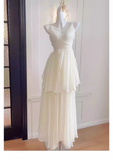 A line Spaghetti Straps White Chiffon Long Ruffles Party Dresses Birthday Dress SD579