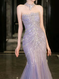 Mermaid Off The Shoulder Blue Tulle Silver Beads Long Prom Dresses Formal Evening Dress SD1399 HZ0628
