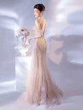 Mermaid Halter Pink Sequin Long Prom Dress Evening Dress Formal Dress SD1819 HZ0628