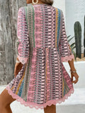 Trim Printed V-Neck 3/4 Sleeve Dress DJPT