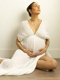 V-Neck Linen Cotton Bohemian Backless Thigh High Side Slits Tassel Vacation Photoshoot Maternity Maxi Dress Maternity