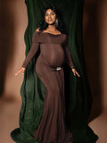 Off Shoulder Draped Ruched Metal Buckle Bodycon Elegant Maternity Photoshoot Maxi Dress Maternity