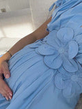 Blue 3D Flowers Fleated Drawstring Big Swing Deep V-neck Elegant Holiday Vacation Maternity Photoshoot Baby Shower Maxi Dress Maternity