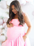 Solid Color Ruched Knotted Adjustable Strap Pockets Big Swing Drop-Waist Puffball Elegant Cocktail Party Gown Maternity Photoshoot Baby Shower Maxi Dress Maternity