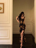 Sheath Straps Floral Chiffon Slit Long Prom Dresses Birthday Outfits SD408