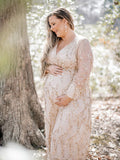 Apricot Sequin Tassel Tulle Ruched Cross Chest Multi Way Tie Back V-neck Elegant Boho Photoshoot Maternity Maxi Dress Maternity