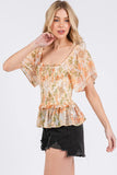 Floral Chiffon Smocked Square Neck Peplum Top DJPT