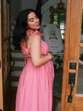Pink Tulle Splicing Ruffle Pleated Tie Back V-Neck High Waist Cocktail Party Gowns Cute Baby Shower Maternity Maxi Dress Maternity
