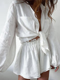 Size Button Up Balloon Sleeve Top and Shorts Set Plus Size DJPT