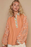 Floral Half Button Lace Detail Long Sleeve Top DJPT