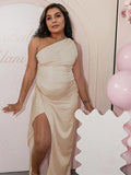 Apricot One Shoulder Backless Satin Side Slit Party Gown Baby Shower Maternity Maxi Dress Maternity