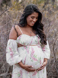 White Floral Cut Out Off Shoulder Backless Cami Big Swing Elegant Vacation Maternity Hobo Photoshoot Baby Shower Maxi Dress Maternity