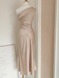 Sheath Boat Sleeveless Champagne Satin Party Dress Holiday Dresses SD349