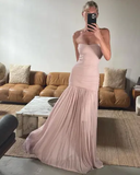 Mermaid Strapless Neckline Pink Long Chiffon Party Dresses Prom Dress SD2028 HZ0628